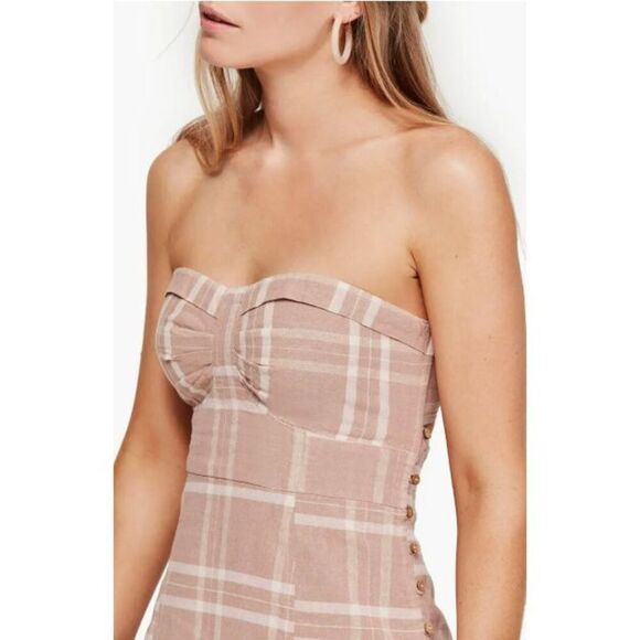 Free People Life Like This Midi Dress Womens XS Natural Plaid Strapless Tie Back - Picture 3 of 16